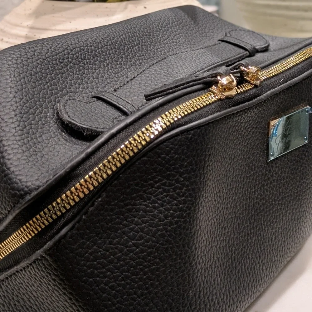 Gina Frankie Pebbled Vegan Leather Makeup Bag Women Large Black Gold Zip Travel